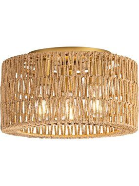 Boho Rattan Ceiling Light Fixture - 3-Light Woven Flush Mount for Bedroom